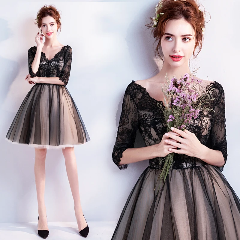 SSYFashion/Новое маленькое черное платье с v образным вырезом и коротким рукавом а