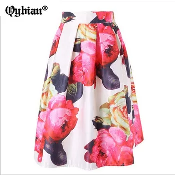 New Trends 2017 elegant Large flower printing High Waist A-Line Midi Skirt Black and white Skirt