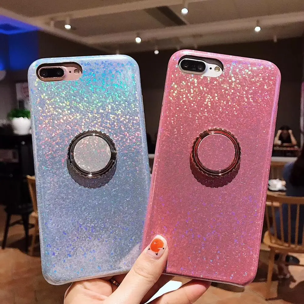 

Laser Gradient Color Case For iPhone Xs Xr Xs Max Cover Luxury Shiny Ring Stand Girly Soft Cover For iPhone X 6 6S 7 8 Plus Case
