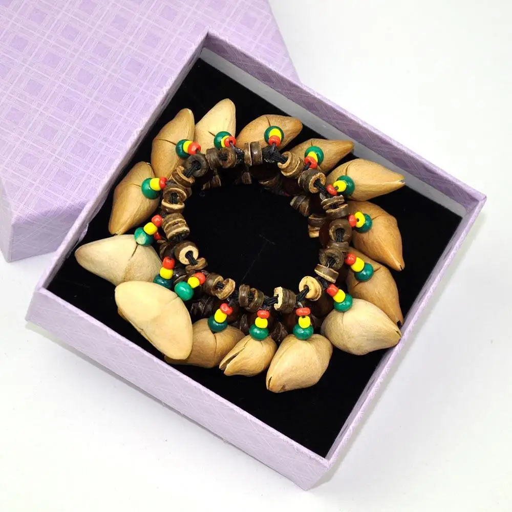

Vintage Handmade Wooden Bracelet Nut Shells Rattles Bells Tambourine Crisp Sound