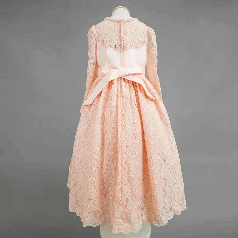 Nimble/платье для девочек; однотонное элегантное кружевное платье с длинными рукавами и золотым бантом; вечерние платья для девочек на свадьбу; vestidos