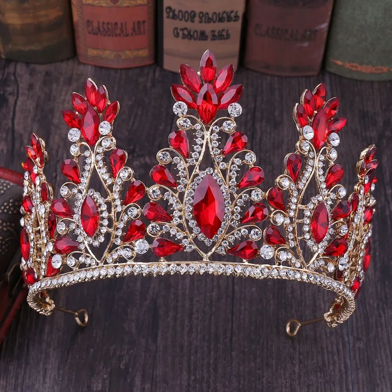Свадебная Корона-Тиара в стиле барокко, розовое золото, кристалл, большие стразы, диадема, вуаль, тиара, свадебная повязка на голову, аксессуары для волос - Окраска металла: Gold Red
