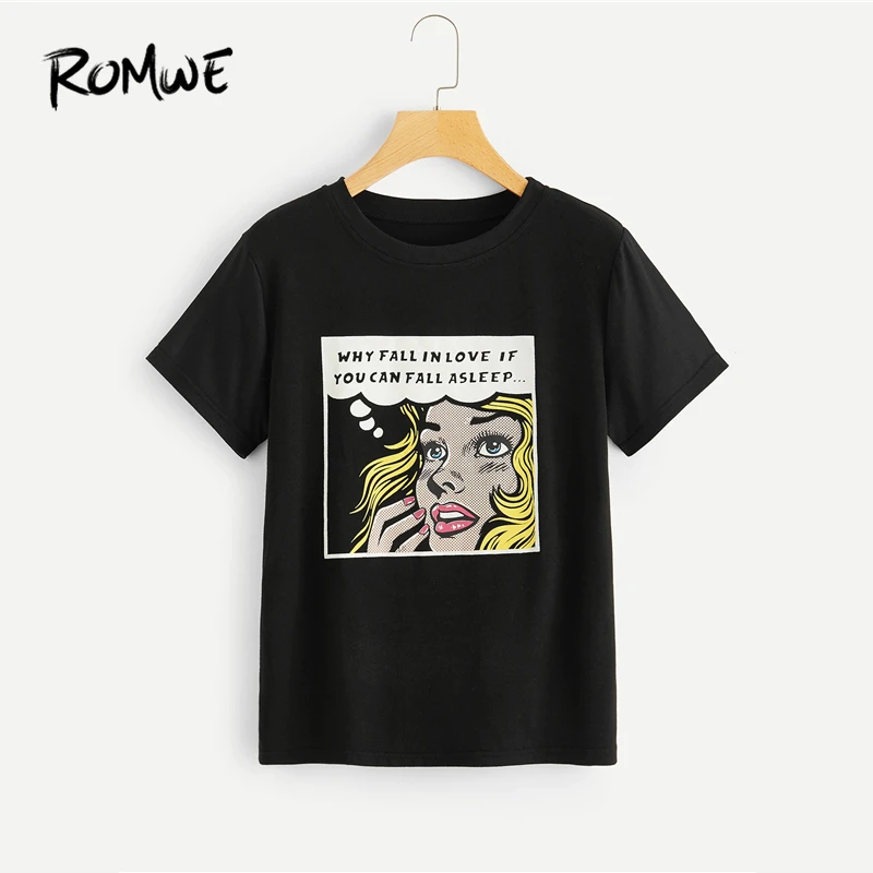 

ROMWE Letter Cartoon Figure Print Tee 2019 Glamorous Black Short Sleeve Round Neck Graphic Tees Women Summer Chic T-Shirt