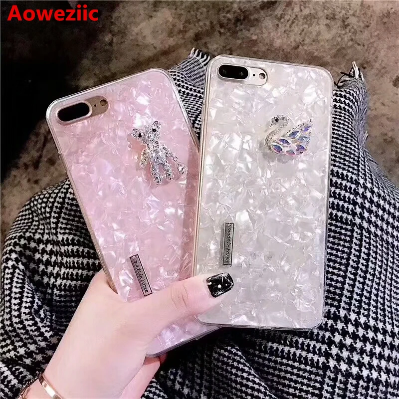 Aoweziic New Korea cute 3D DIY rhinestone toy bear marble phone shell For iphone6s case X XS MAX XR 7 8plus swan cover girl bear