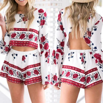 

2PCS New Women Floral Bodycon Long Sleeve Crop Top + Shorts Set Summer Holiday Mini Playsuits Boho Floral Beachwear