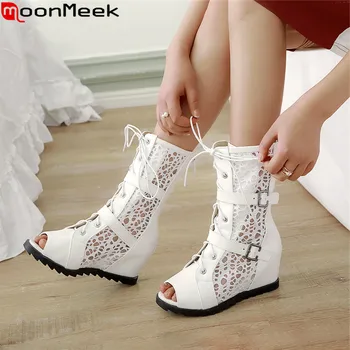 

MoonMeek big size 34-43 new mid calf boots women peep toe lace up ladies shoes zip height increasing summer shoes wonen boots