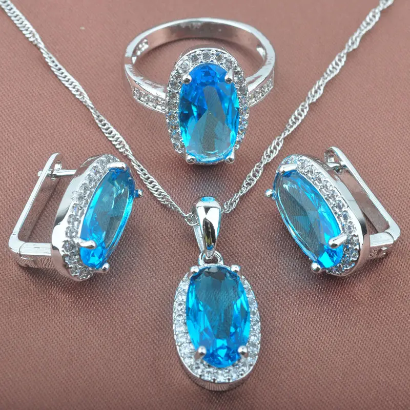 

Sky Blue Cubic Zircon Women's 925 Sterling Silver Jewelry Sets Necklace Pendant Earrings Rings Free Shipping TZ0168