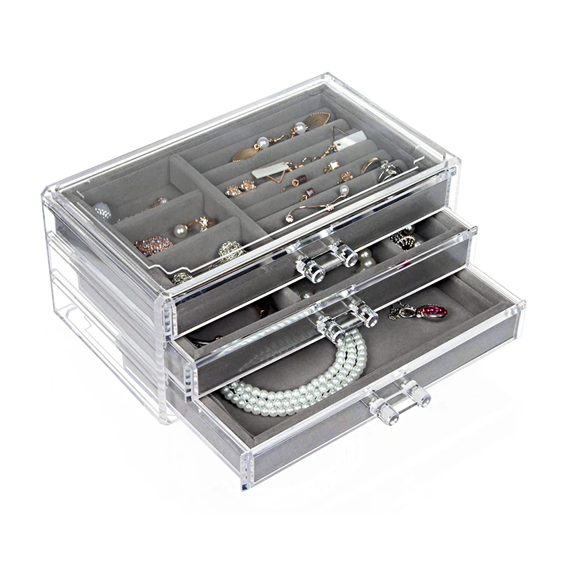 

Acrylic Drawers Jewelry Organizer Box For 3 Layers Necklaces Earring Ring Storage Case Display Velvet Tray Makeup Finishing Bin