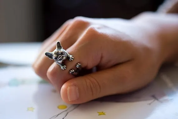 Jisensp Retro Animal Rings Vintage Bronze Mid Finger Ring French Bulldog Fashion Jewelry Cute Antique Couple Ring for Men/Women