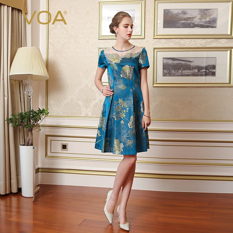 

VOA Silk Jacquard Sexy Mesh Embroidery Party Dress Women Midi Dresses Slim Short Short Printed Vintage Elegant Chinese A7623