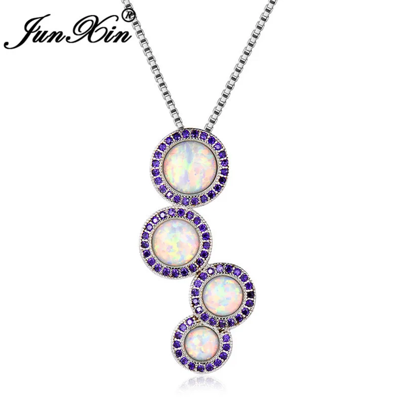 JUNXIN роскошное женское сине-белое огненное опаловое ожерелье с подвеской для женщин, 925 пробы, серебряное, фиолетовое, CZ круглое ожерелье с камнем рождения