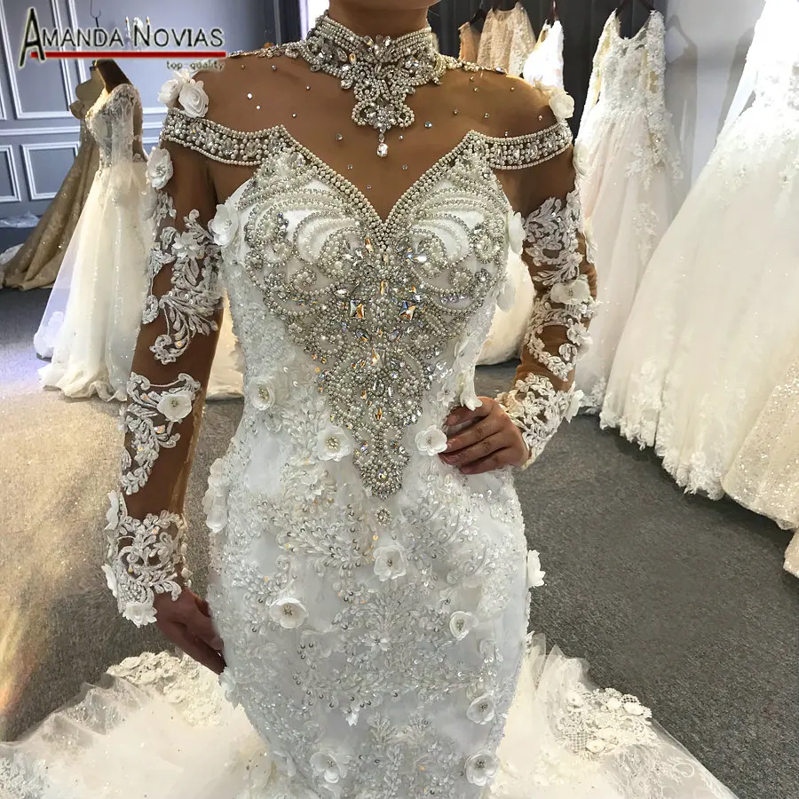 

Amanda Novias Real Work photos mermaid wedding dress 2019 luxury full beading bridal dress mermaid sleeves