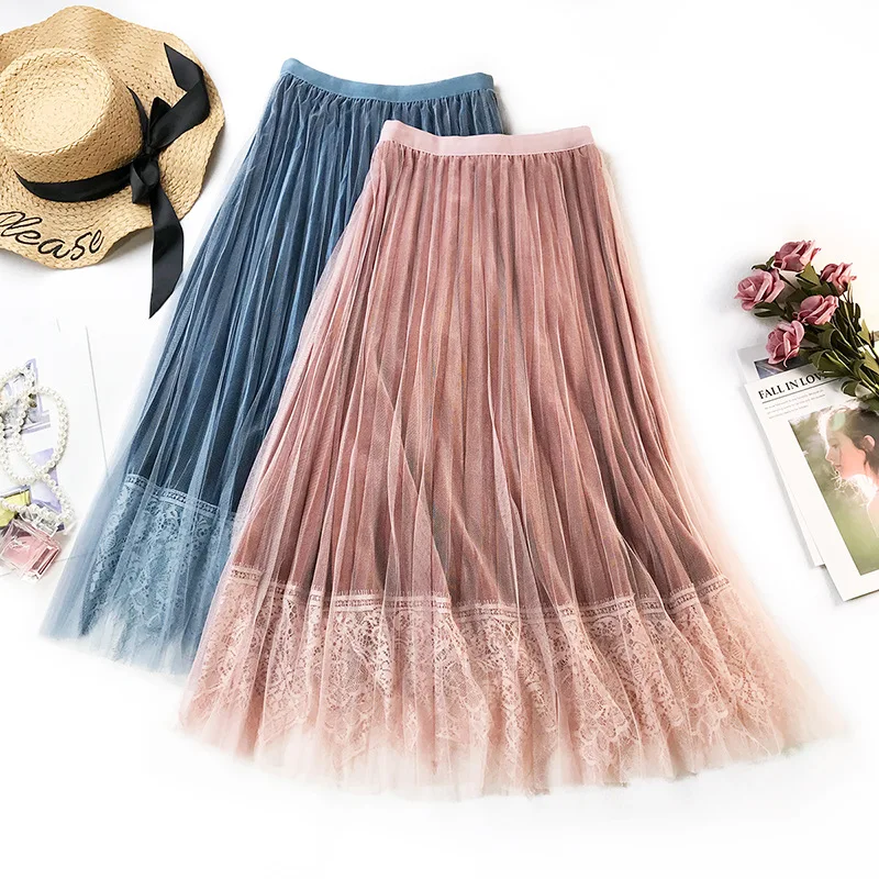 

2019 Spring New Arrival Sweet Fairy A-line Ladies Skirts With Lace Edge Korean Style Velvet Splicing Tulle Skirt Free Shipping