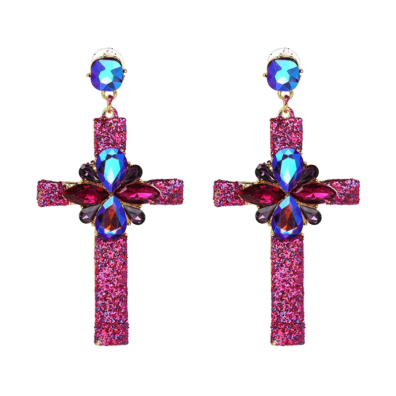 

2017 Hot Earring Jewelry good quality Crystal Multicolor Special Bohemia Big long CROSS EARRINGS Wholesale Price F50400