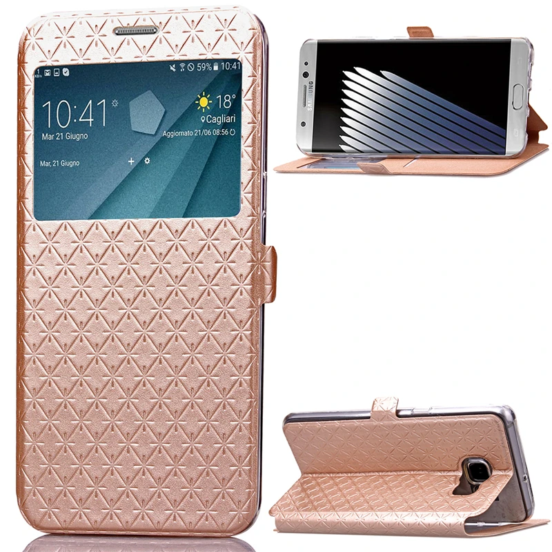 Slim Grid Texture PU Leather Cases Bling Glitter Window View Wallet Card Flip Case Stand Cover For Samsung Galaxy S7 Edge Note 7 |