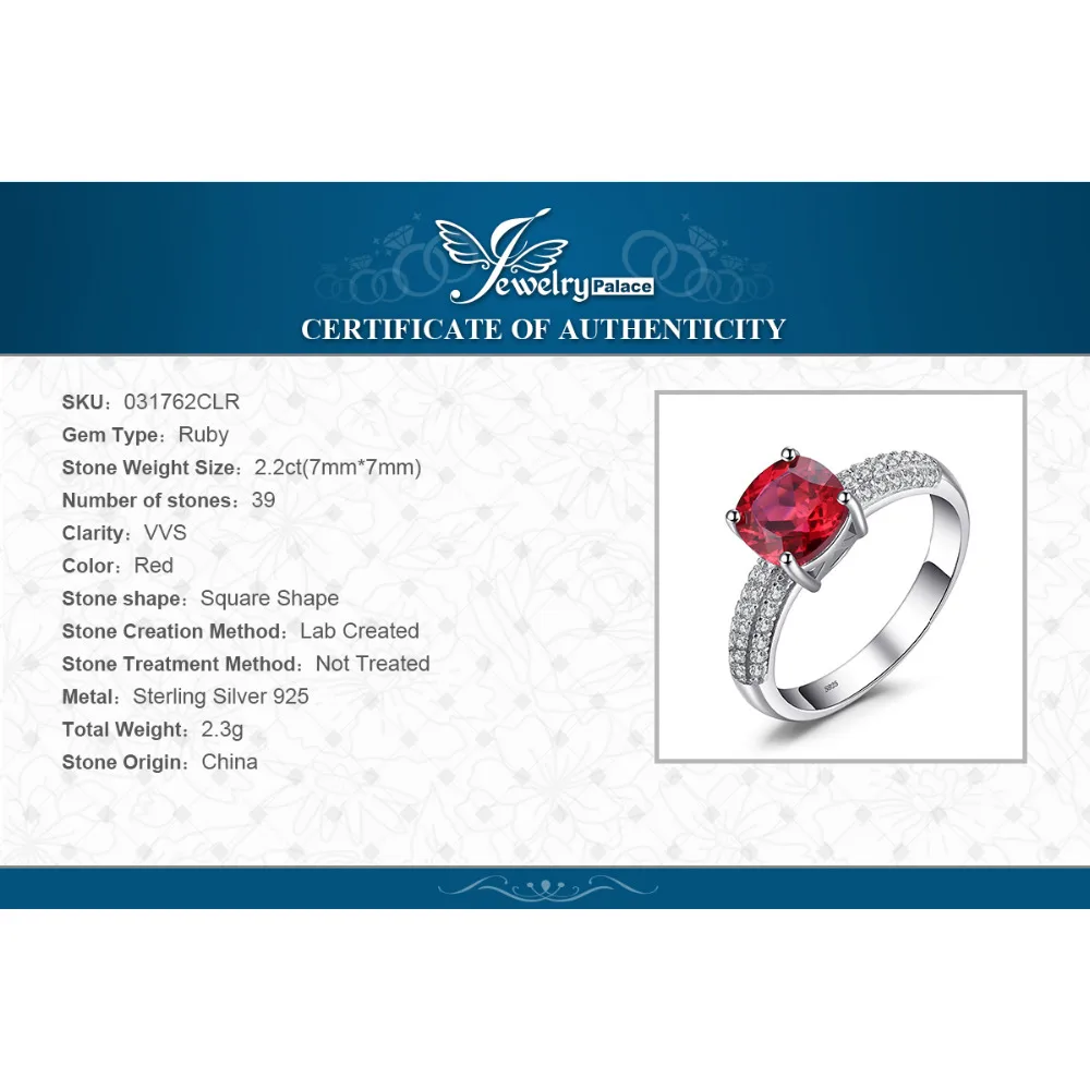 JewelryPalace Cushion 2.6ct Red Created Rubies Solitaire Engagement Ring For Women Genuine 925 Sterling Silver Jewelry Fine Ring