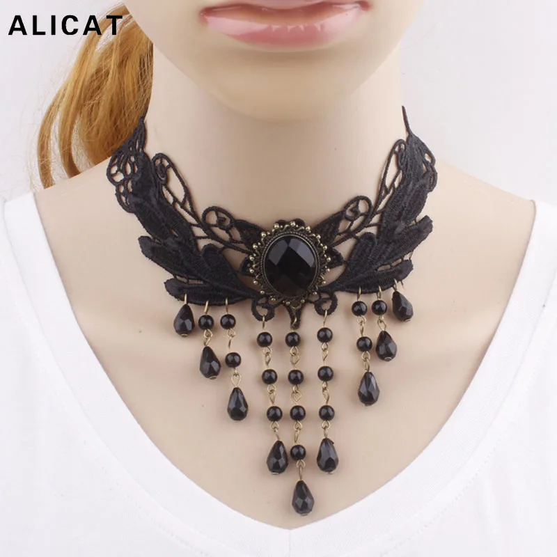Black Elegant Choker Necklace Round Crystal Beaded Lace Necklaces 2018 Fashion Charm Women