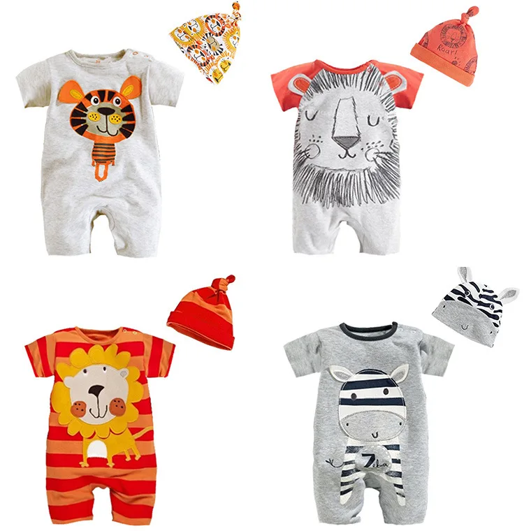Детский комбинезон унисекс с короткими рукавами, милый комплект из двух предметов с рисунком для маленьких мальчиков и девочек, костюм с шапочкой, комплект одежды для новорожденных с рисунком зебры
