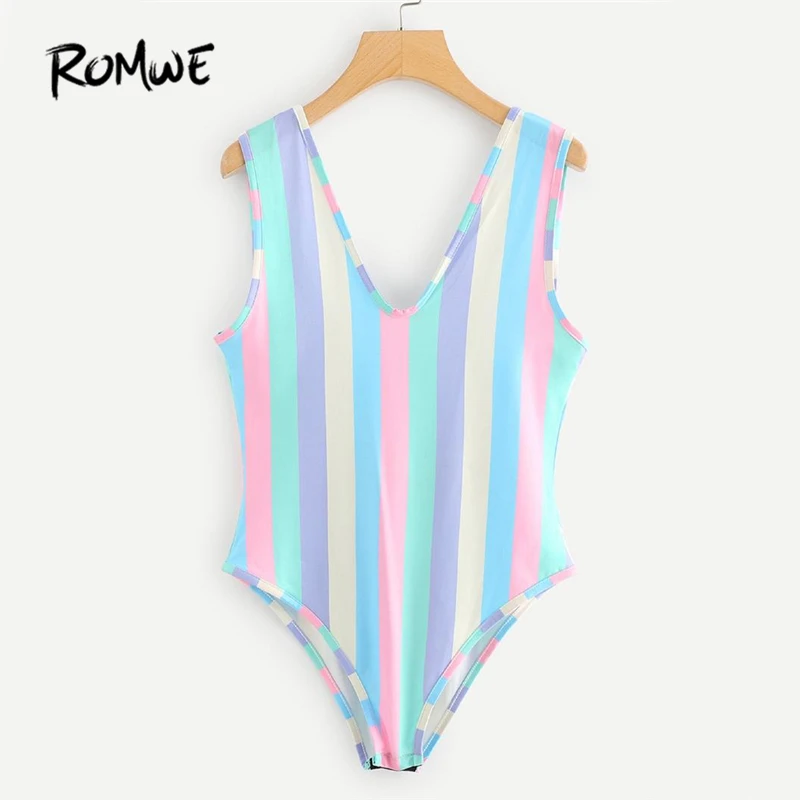 ROMWE Open Back Striped Bodysuit Summer Multicolor Backless Scoop Neck Skinny Bodysuit Women Sexy Sleeveless Bodysuit