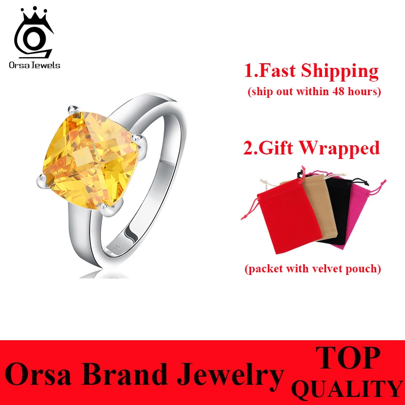 ORSA JEWELS 4 ct Cushion Cut Yellow Zircon Ring New Arrival Silver Color Trendy Rings for Women Anniversary Gift OR55