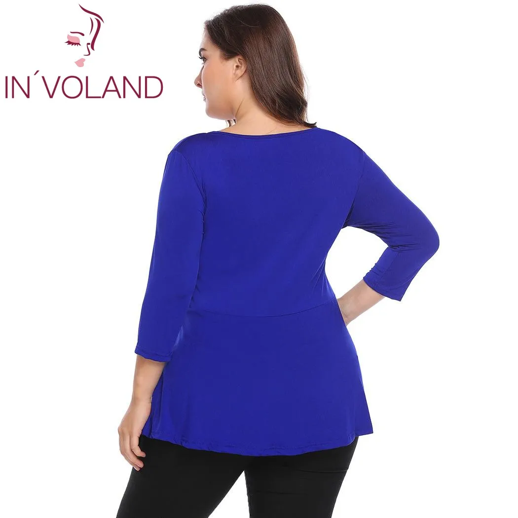IN'VOLAND размера плюс 4XL Женские винтажные футболки топы Осенние С v-образным вырезом одноцветные облегающие пуловеры с большой баской футболки больших размеров