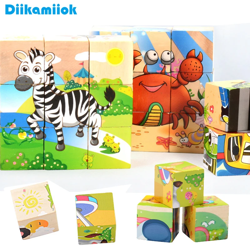 

9 Pieces Six Face Picture Wooden 3D Puzzle Animal Vehicle Kids Wood Toy Baby Early Learning Toys for Children Educational Games