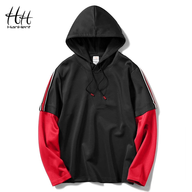 

HanHent Fake two pieces Men's Hoodies Hooded Loose Casual Fitness Sweatshirt Red Black Bodybuilding Fashion Streetwear Hoodiee