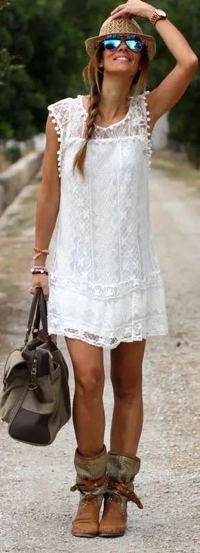 Boho женское белое кружевное мини короткое платье с круглым вырезом Женская мода без рукавов кружевная кисточка различные модели