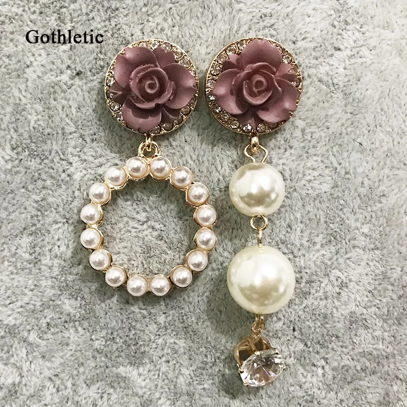 

Gothletic Dark Pink Rose with Ivory Pearl Circle Drop Earrings Fashion Asymetric Earrings for Women Girls Sweety Summer Jewelry