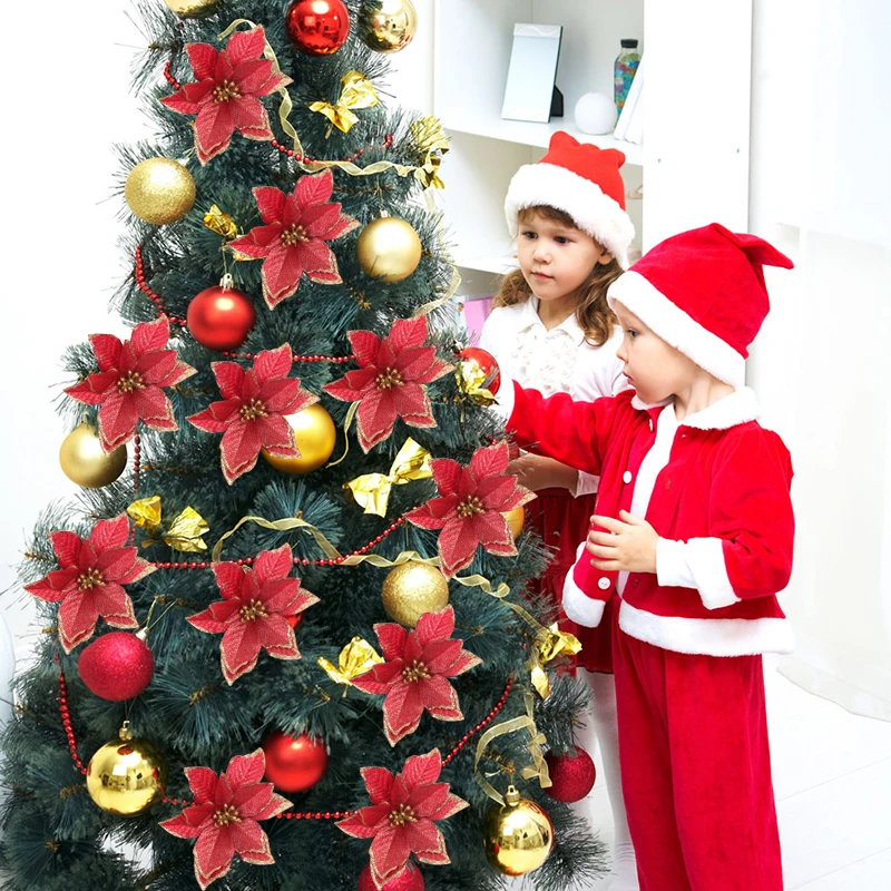 10 шт. красный блестящий цветок Poinsettia Рождественская елка украшения Рождественские украшения для дома Рождество год Декор вечерние принадлежности
