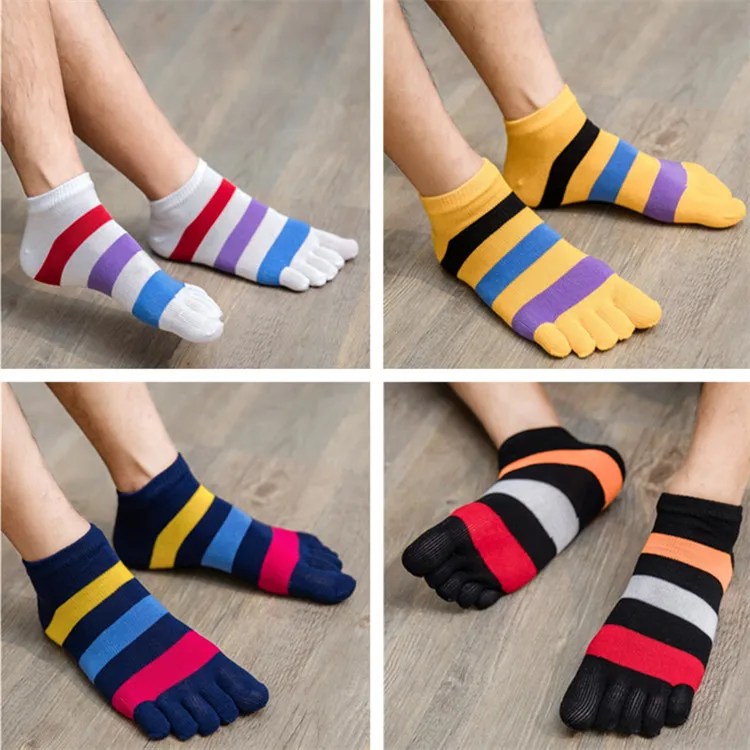 

3 Pairs Stripe Men's Five Finger Socks Male Cotton Medium Tube Crew Five Toe Socks Breathable