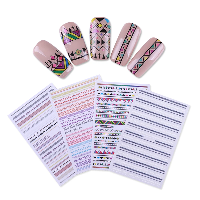 

Geometric Strip Lines Adhesive Transfer Sticker Colorful Ethnic style 3D Nail Art Decoration 1 Sheet