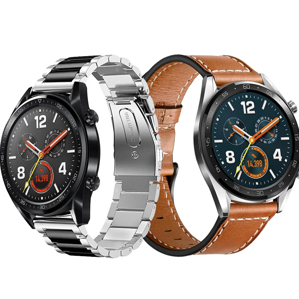 

2pcs Metal Strap For huawei watch GT Active Honor Magic Stainless Steel Wristband+ Release Genuine Leather Smart Watch Band