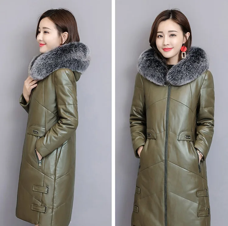 UHYTGF M-4XL Высокое качество PU кожаная куртка женская зимняя пуховая куртка плюс бархатная Толстая теплая верхняя одежда с капюшоном меховое пальто леди 1098