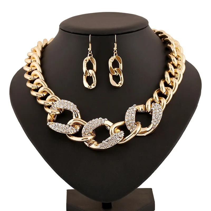 

hot sell new - USA Stone Unusual colorful Fine CZ large hoop buckle metal necklace ladies clavicle set Pendant necklace earrin