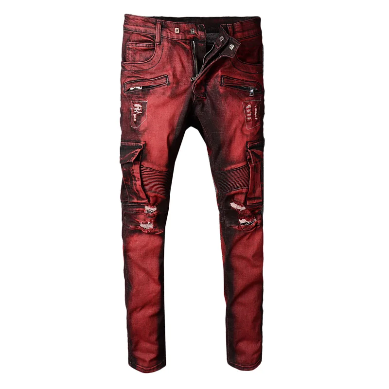 Fashion Streetwear Men Jeans Red Color Slim Fit Elastic Spliced Ripped Jeans Men Big Pocket Denim Cargo Pants Biker Jeans homme