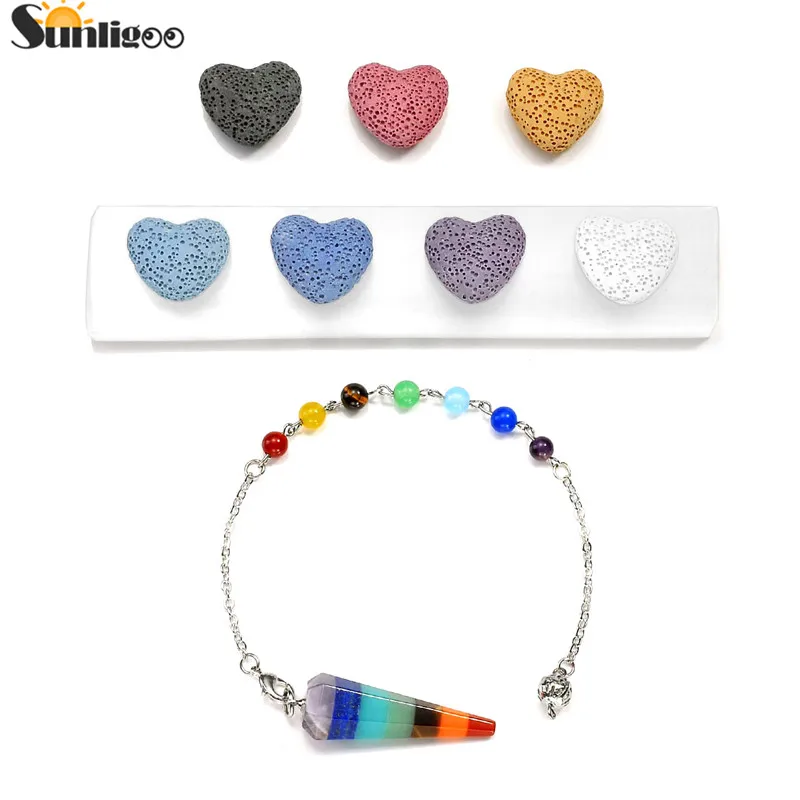 

Sunligoo New 7 Chakra Crystal Pendulum Dowsing, 7pcs Lava Stone Heart Beads, Selenite Crystal Stick 7 Chakra Crystal Healing Kit
