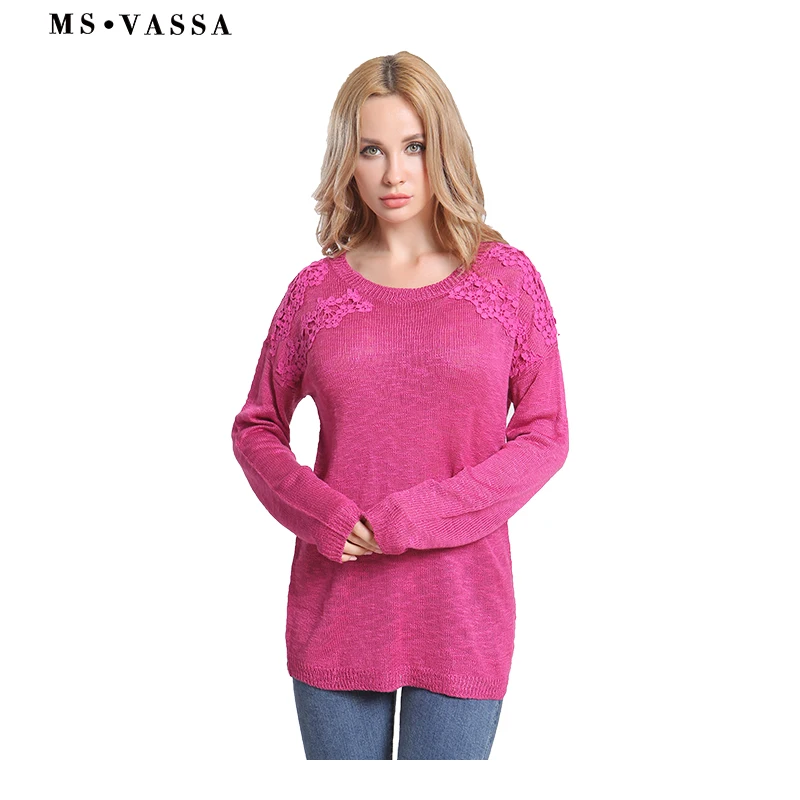 

MS VASSA 2018 New Casual Spring Women Flowers Sweaters Solid O-Neck Ladies Jumpers Long Sleeve Pullovers Oversized