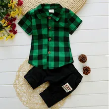 EafreloyBaby boy clothes Brand summer kids clothes sets shirt+pants suit clothing set Plaid Clothes newborn Gentleman suits p44