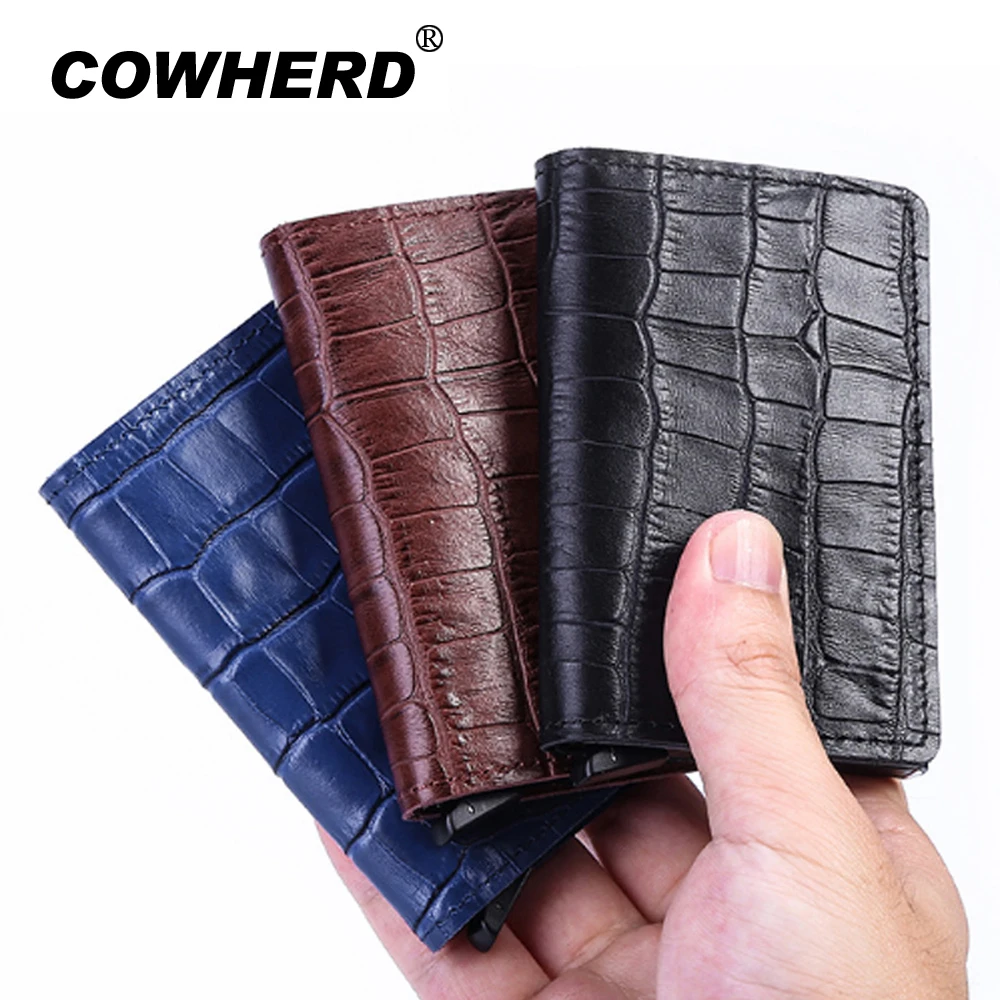 

Crocodile Skin Genuine Leather Aluminum Wallet ID Card Holder RFID Mini Magic Wallet Automatic Pop Up Credit Card Change Purse