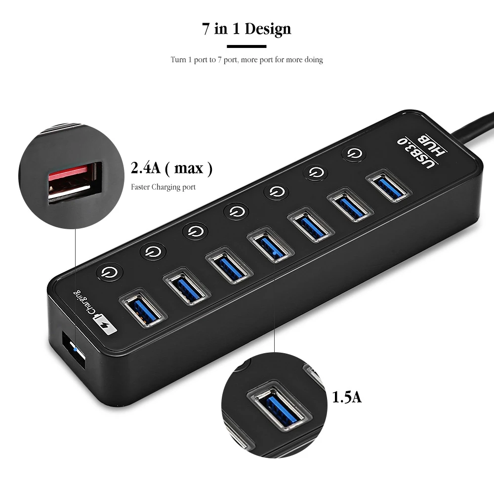 Разветвитель для передачи данных с 7 портами s USB 3 0 1 умным зарядным портом и