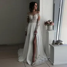 Модное модное платье невесты Длинные рукава с аппликацией сексуальный разрез свадебное арабское вечернее платье свадебное платье es закрытие кнопок robe de mariee