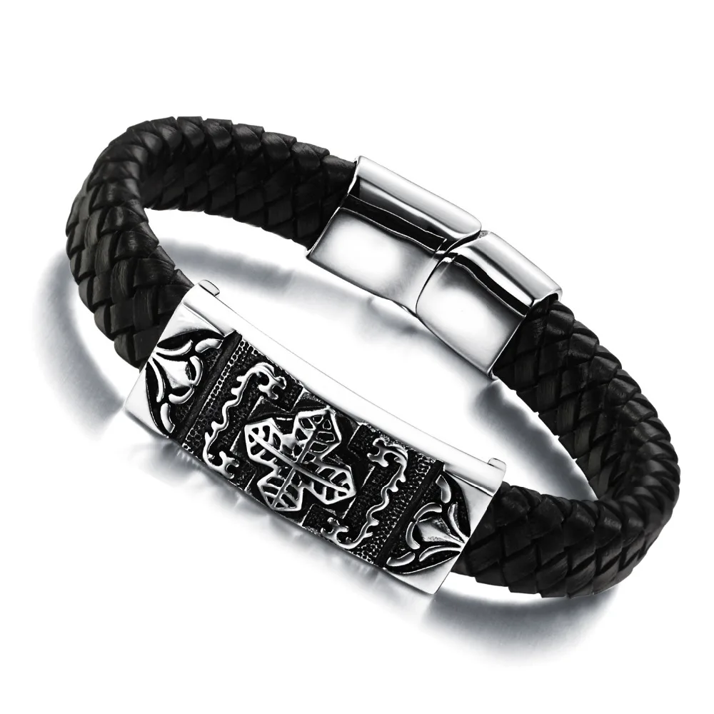 Casual Genuine Leather Knitted Man Charm Bracelets Handmade Stainless Steel Cross Sport Men