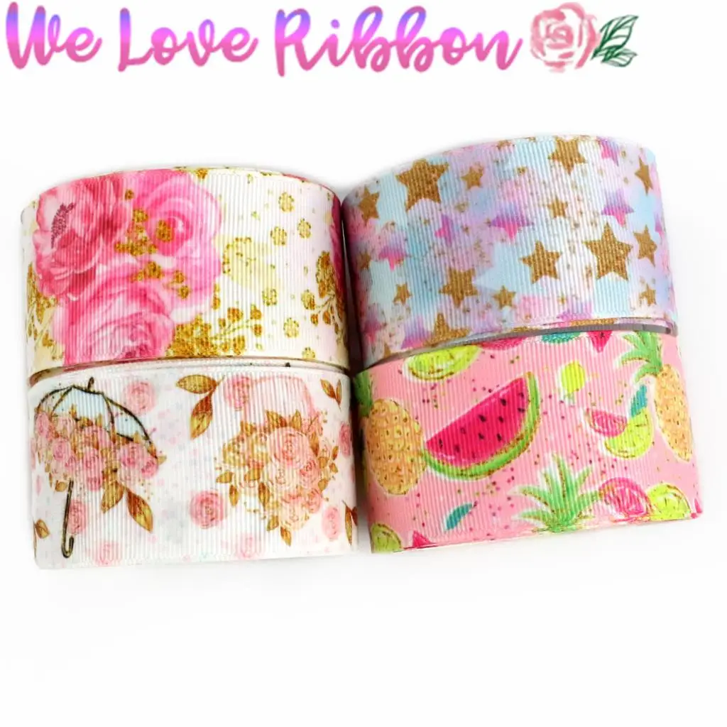 

16mm-75mm Shiny Star Rose Fruits Watermelon Pineapple Cloud Umbrella Printed Grosgrain/Foe Ribbon DIY Gift Bowknots 50yards/roll