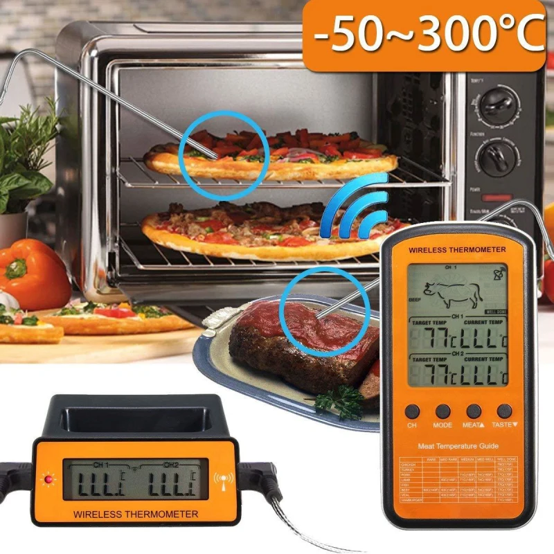 Двойной зонд цифровой беспроводной термометр для печи для мяса, воды, еды, барбекю, приготовления пищи, кухонный таймер, температурный сигнал