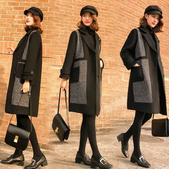 

Woolen Coat Female Long Section 2018 Spring New Women Woolen Cloth Coat Loose Thin Stitching Double Breasted Ladies Woolen Coat