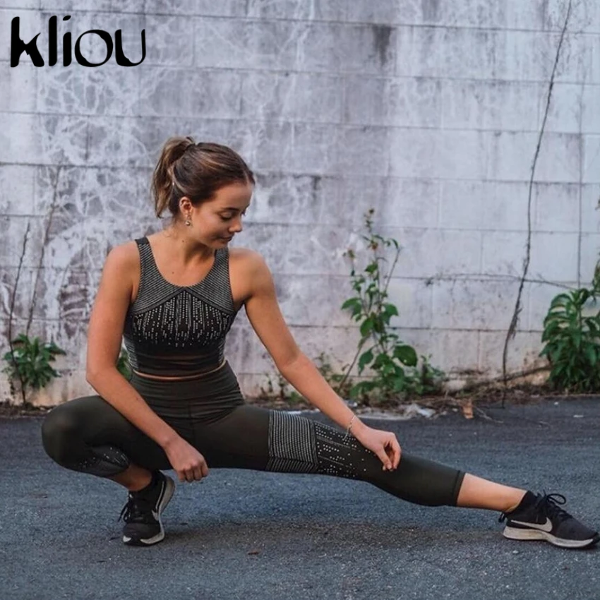 Kliou 2018 النساء اللياقة البدنية الرياضية 2 قطعة مجموعات عالية الخصر طماق تانك الأعلى رياضية الصدرية نشط ارتداء مرونة الخصر رياضية