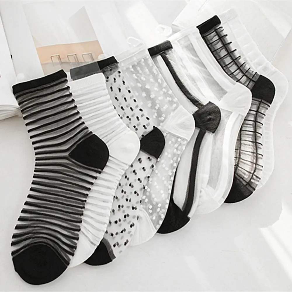 1 pair New Sheer Mesh Glass Silk Socks Ultrathin Transparent Stretch Elasticity Lace Net Yarn Thin Summer Socks For Women