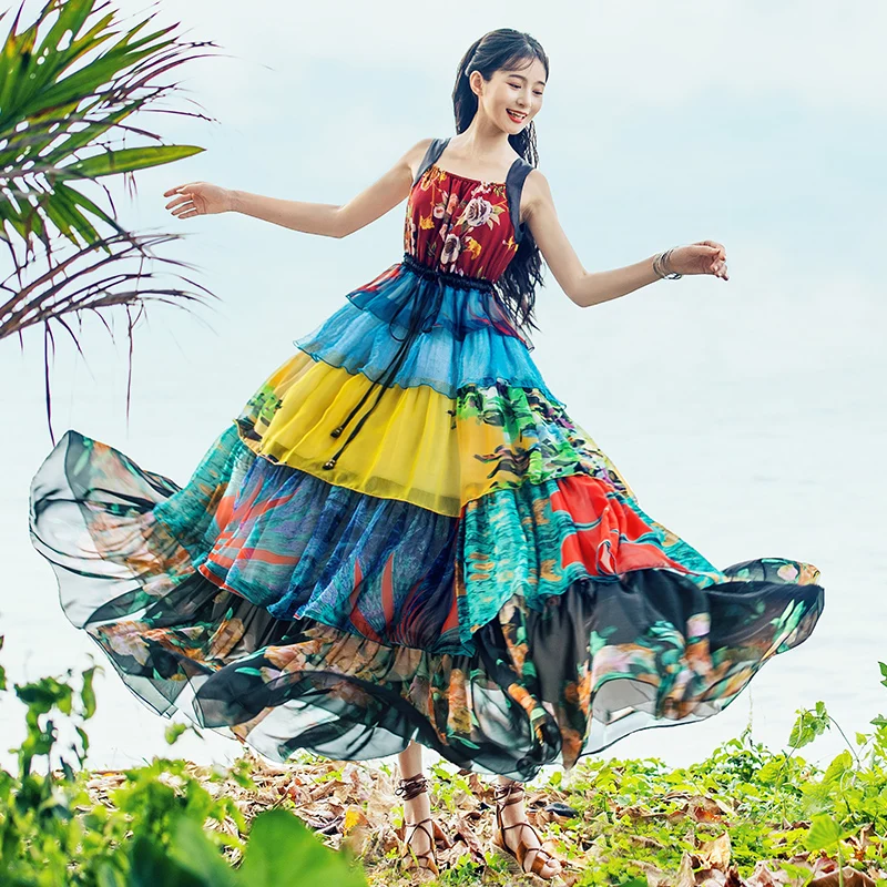 

Free Shipping 2019 Fashion Women Chiffon Long Maxi Long Sleeveless Dresses Colorful Summer Boshow Ruffles Dress With Big Hem