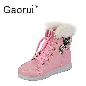 

2018 New Luminous Shoes Women High Top Rabbit Fur Quilted Boots USB Rechargeable Led Shoes Black Winter Snow Shoes